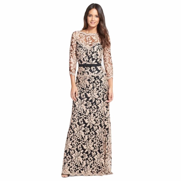 Tadashi Shoji Belted Embroidered Lace Gown - Picture 1 of 16